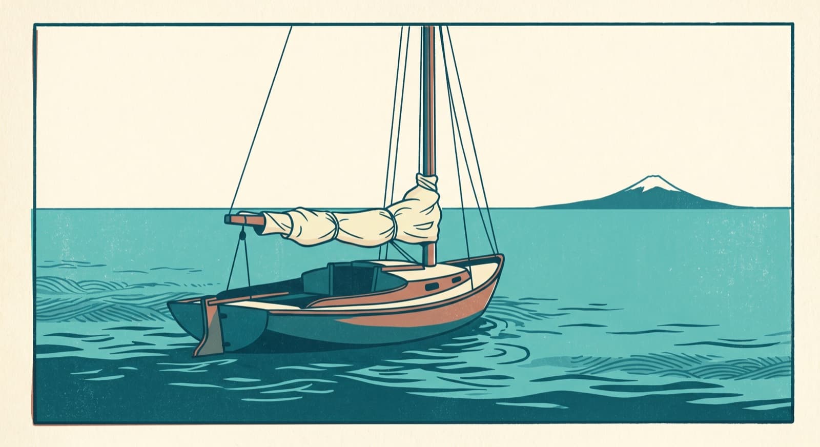 A sailboat with furled sails drifting on calm teal water toward a distant mountain, representing Coast FIRE — letting compound growth carry you to retirement