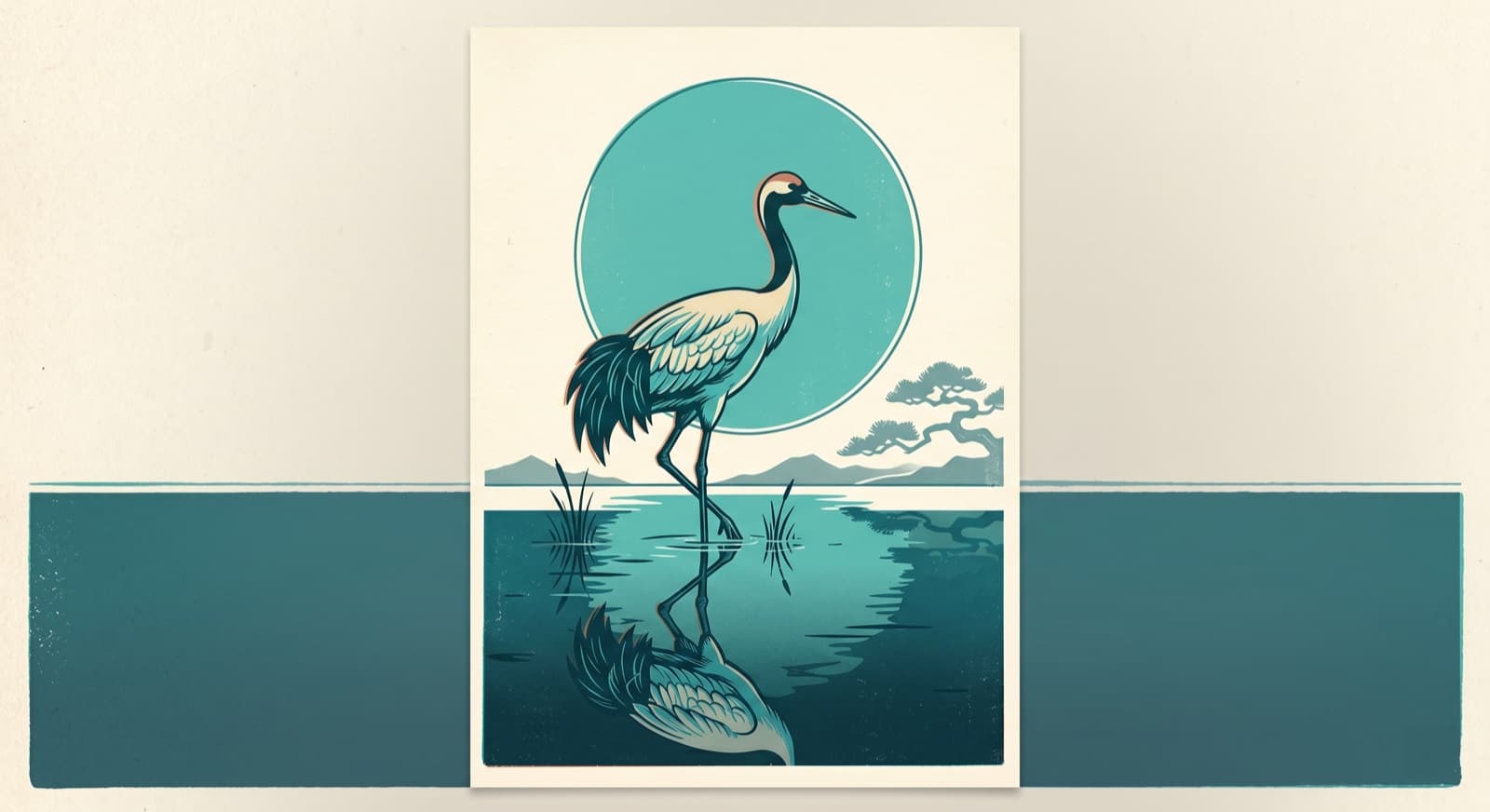 A lone crane standing in still water with a teal circle rising behind it, symbolizing longevity and the nest egg that funds required minimum distributions