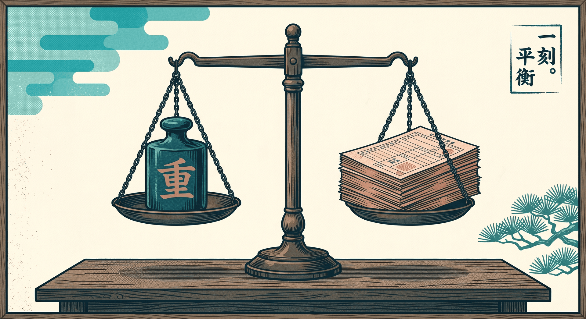 A traditional balance scale with a teal weight on one side and tax forms on the other, representing the Roth conversion tax trade-off
