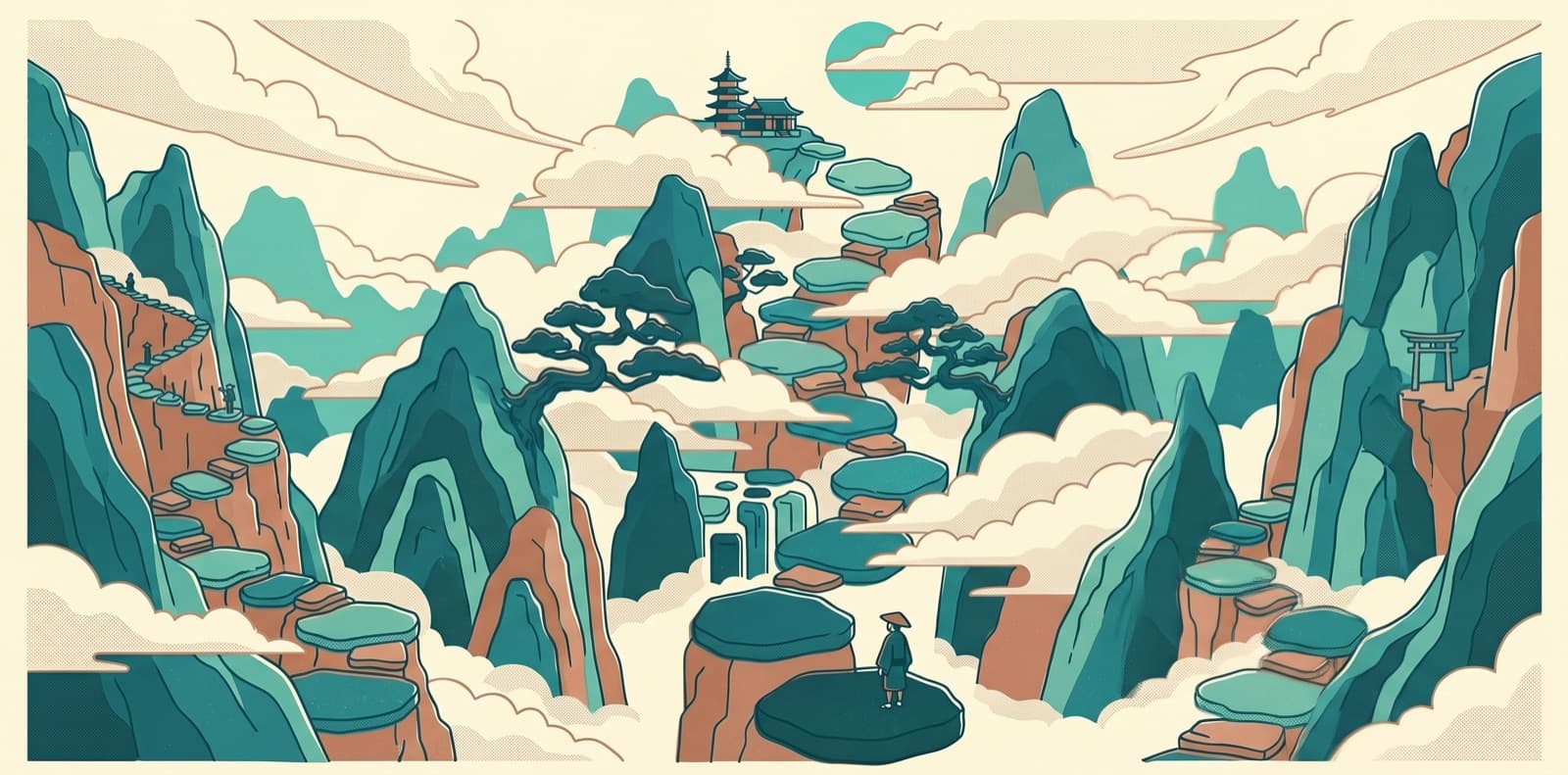 Stepping stones ascending through clouds in graduated teal shades, representing the five-year Roth conversion ladder strategy